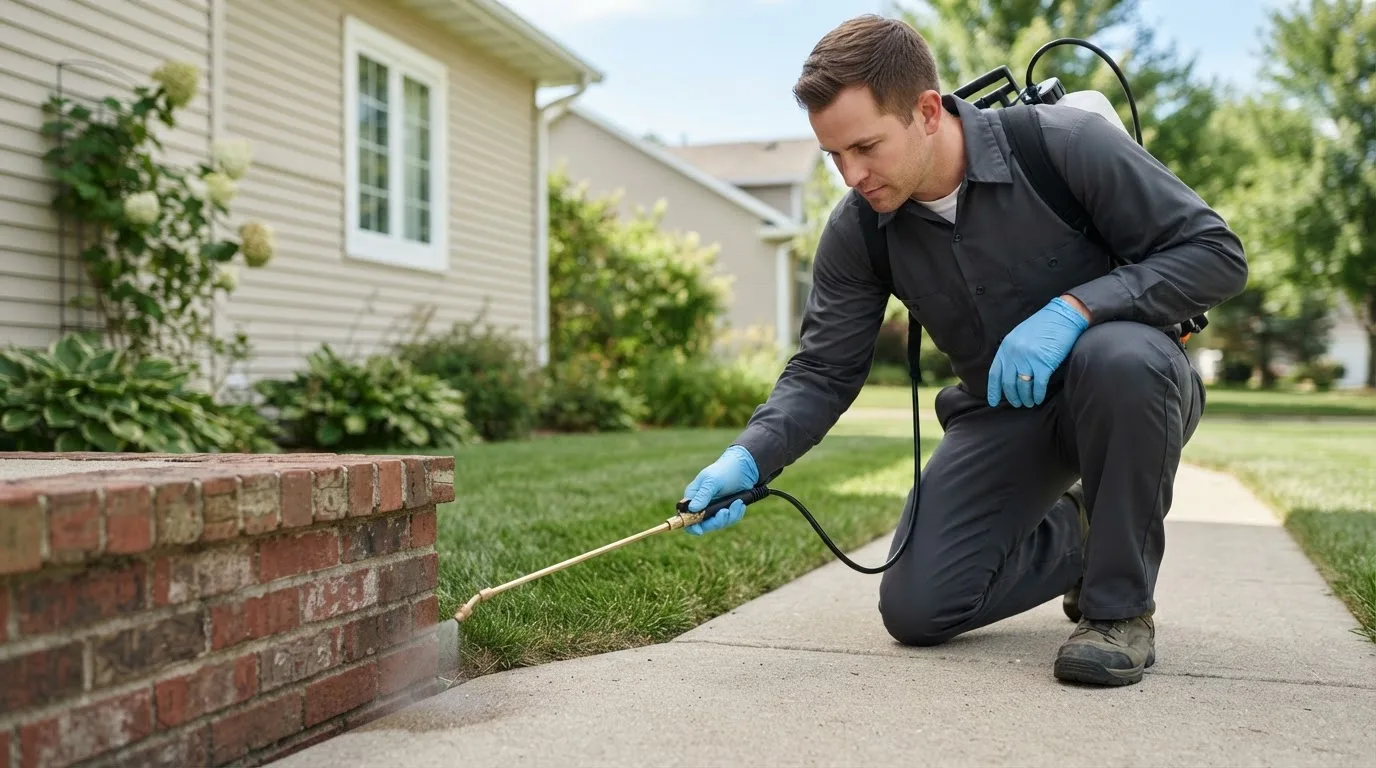 Pest control technician treating a home near Harrah, WA